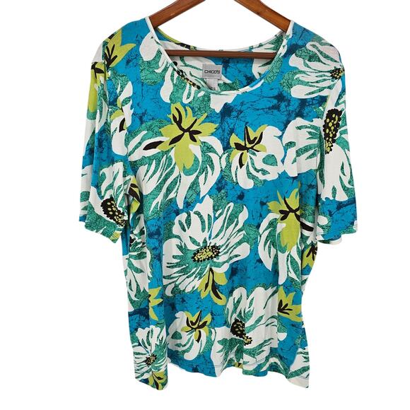 Chico's Tops - Chico’s Blue Floral Short Sleeve Knit Resort Top Size 2 US 12 Tropical Casual
